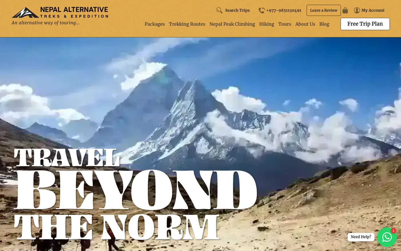 The Nepal Alternative Treks home page: “Travel beyond the norm” over a trail below snow peaks