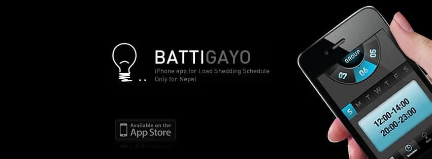 The Battigayo App Store banner: the bulb logo, a hand holding the app open on group 6 with the day’s power-cut hours