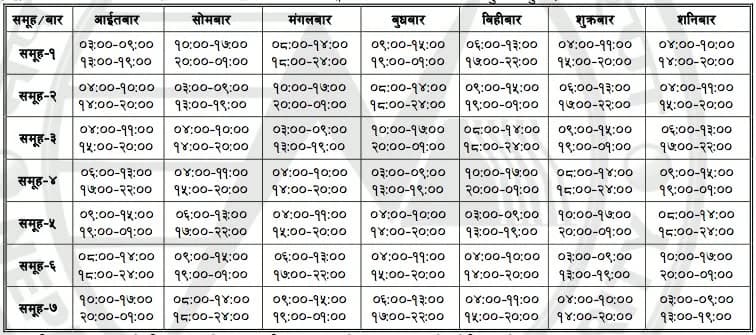 The printed load-shedding table, with seven groups and the hours for each day