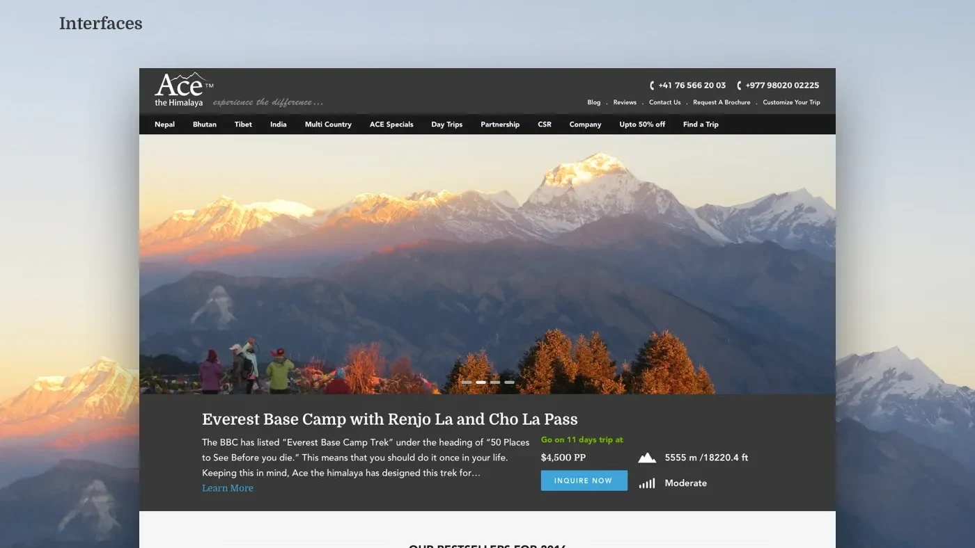 The home page opening on a featured trek, Everest Base Camp with Renjo La and Cho La Pass, with its price, altitude and grade