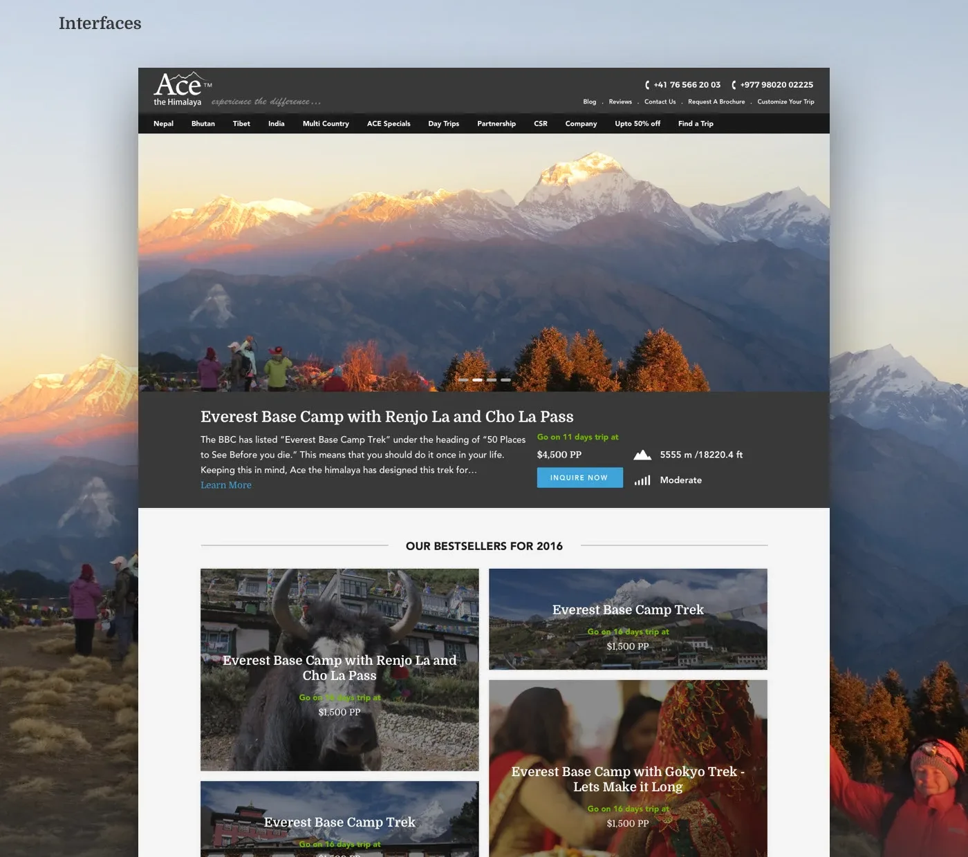 The home page with search and the most booked trips