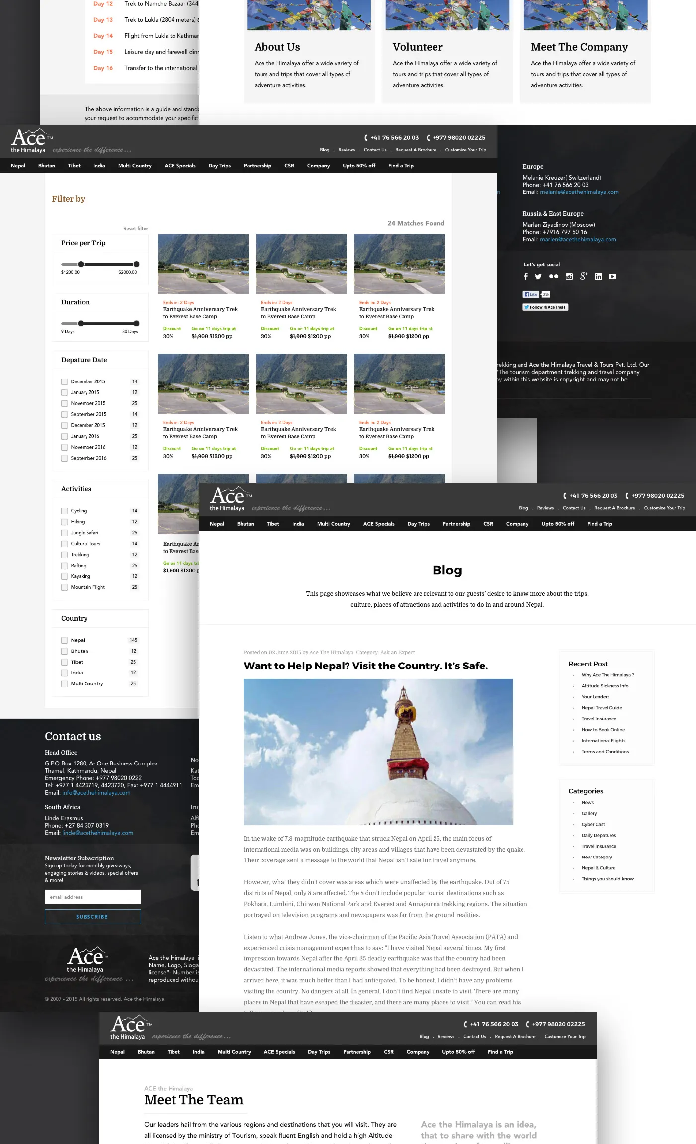 The trip finder with its filters, the blog and the team page