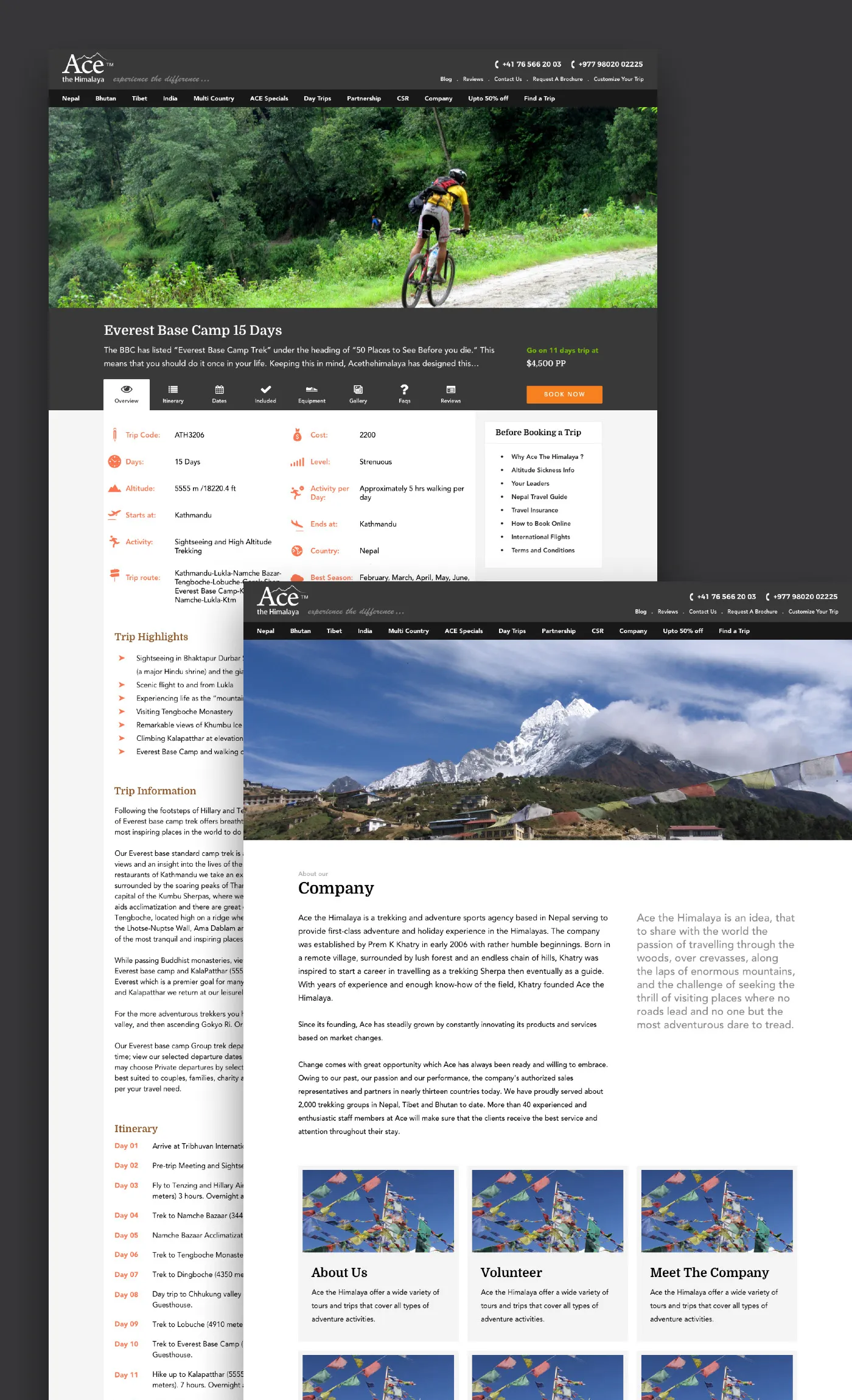 A trip page for Everest Base Camp in 15 days, and the company page