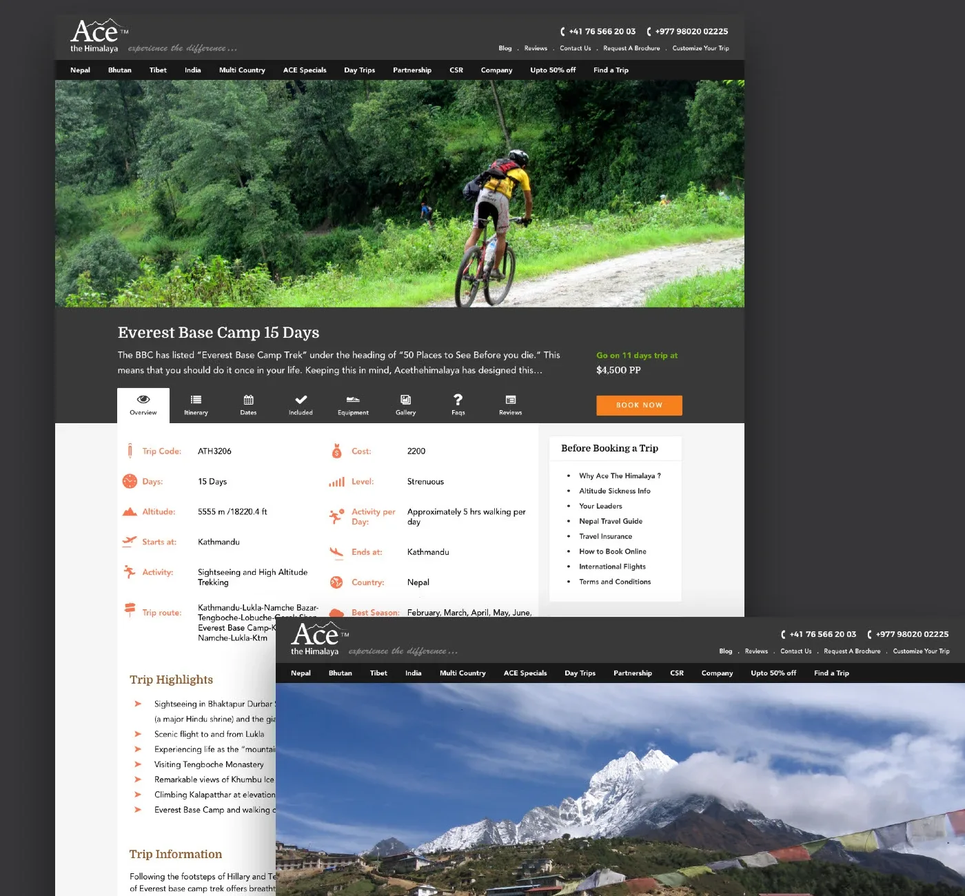 A trip page with the key facts in one panel and the itinerary below