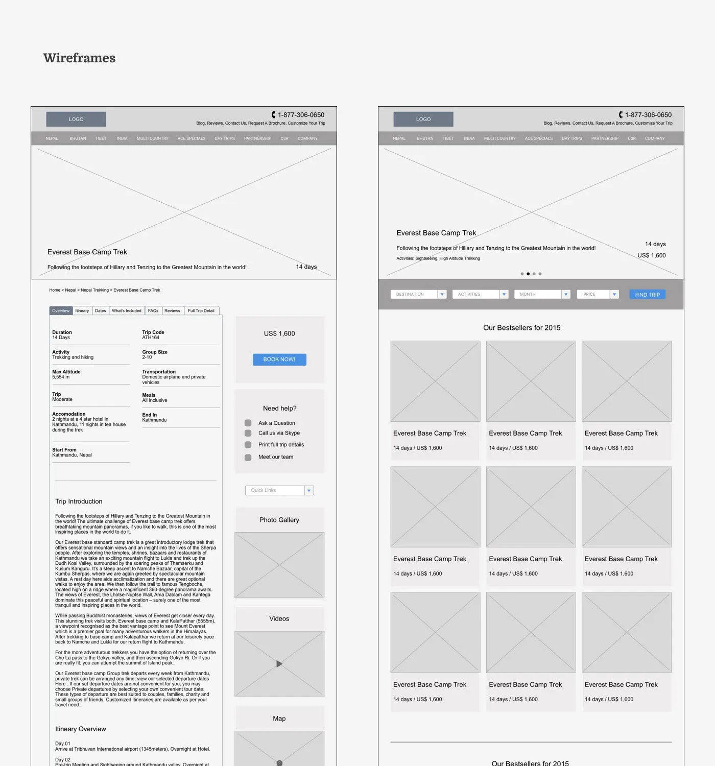 Wireframes for the home, trip, search and booking pages