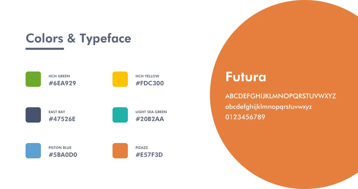 Six colours with their names and codes, and the typeface Futura