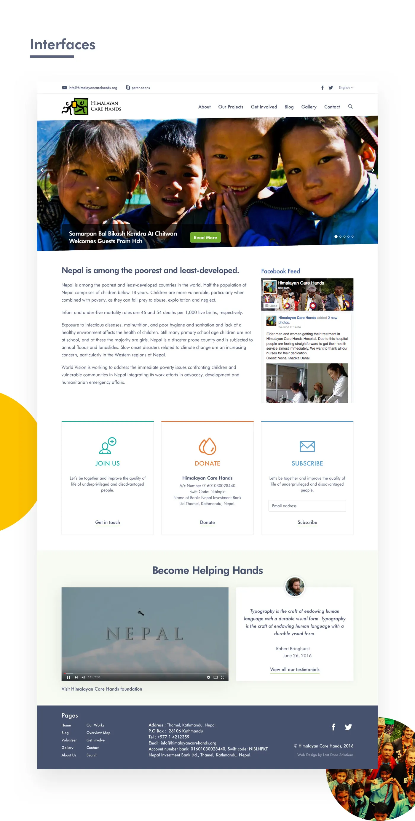 The home page: a story slider, the need in Nepal, the Facebook feed, and boxes to join, donate or subscribe