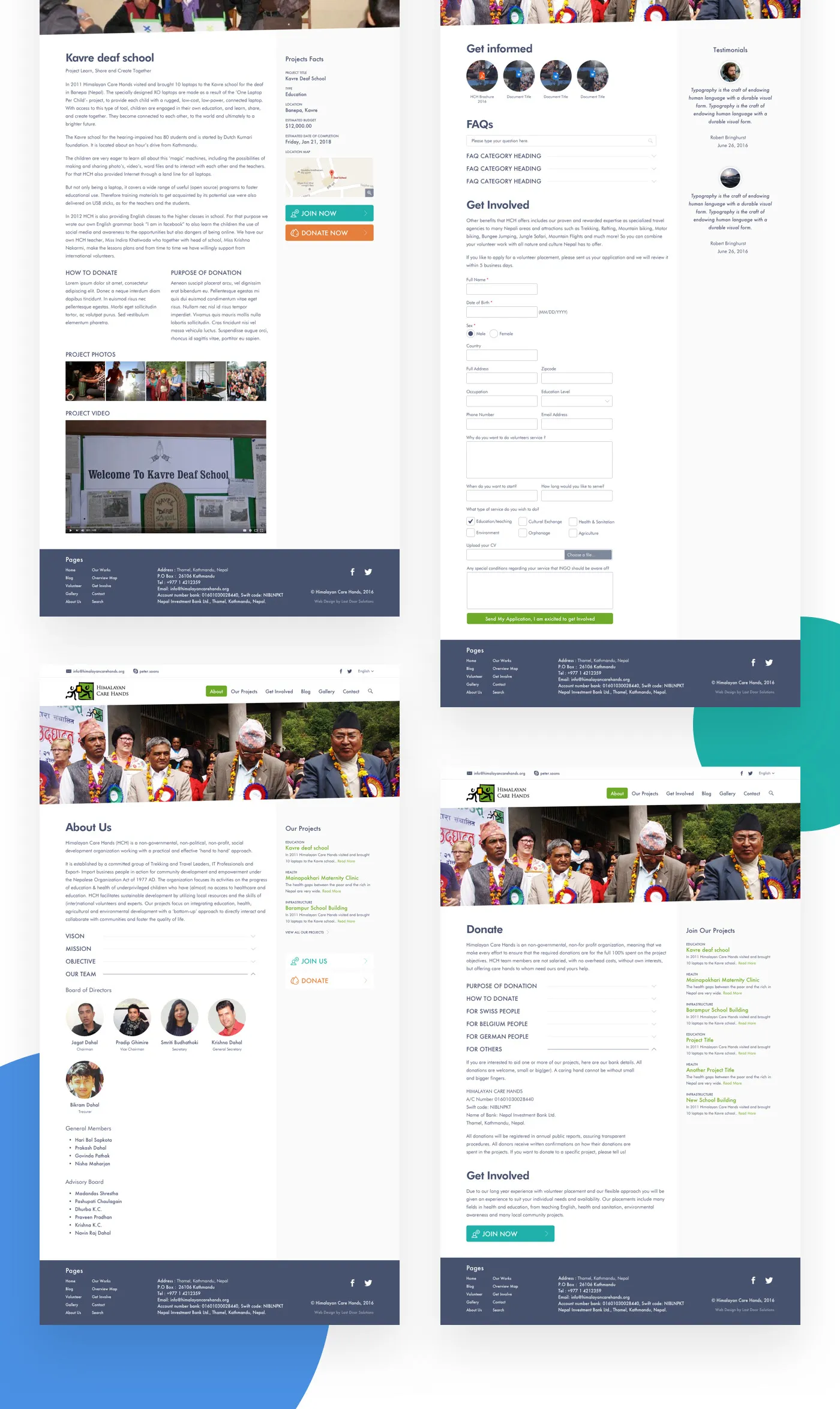 The Kavre deaf school project page, the volunteer application, the about page and the donation page