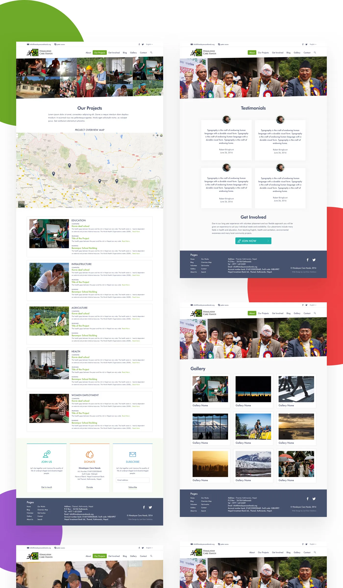 The projects page with its map and sectors, testimonials, a project page and the gallery