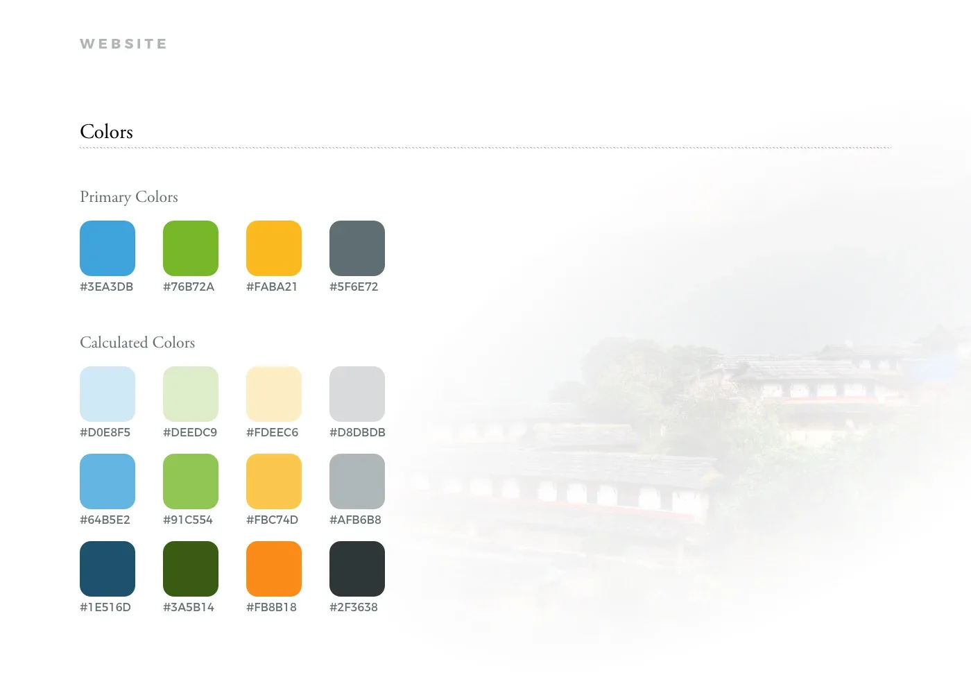 The four primary colours and their lighter and darker shades, with their codes