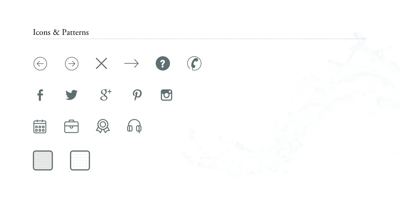 Icons for arrows, contact, social media, dates and guides, and two patterns