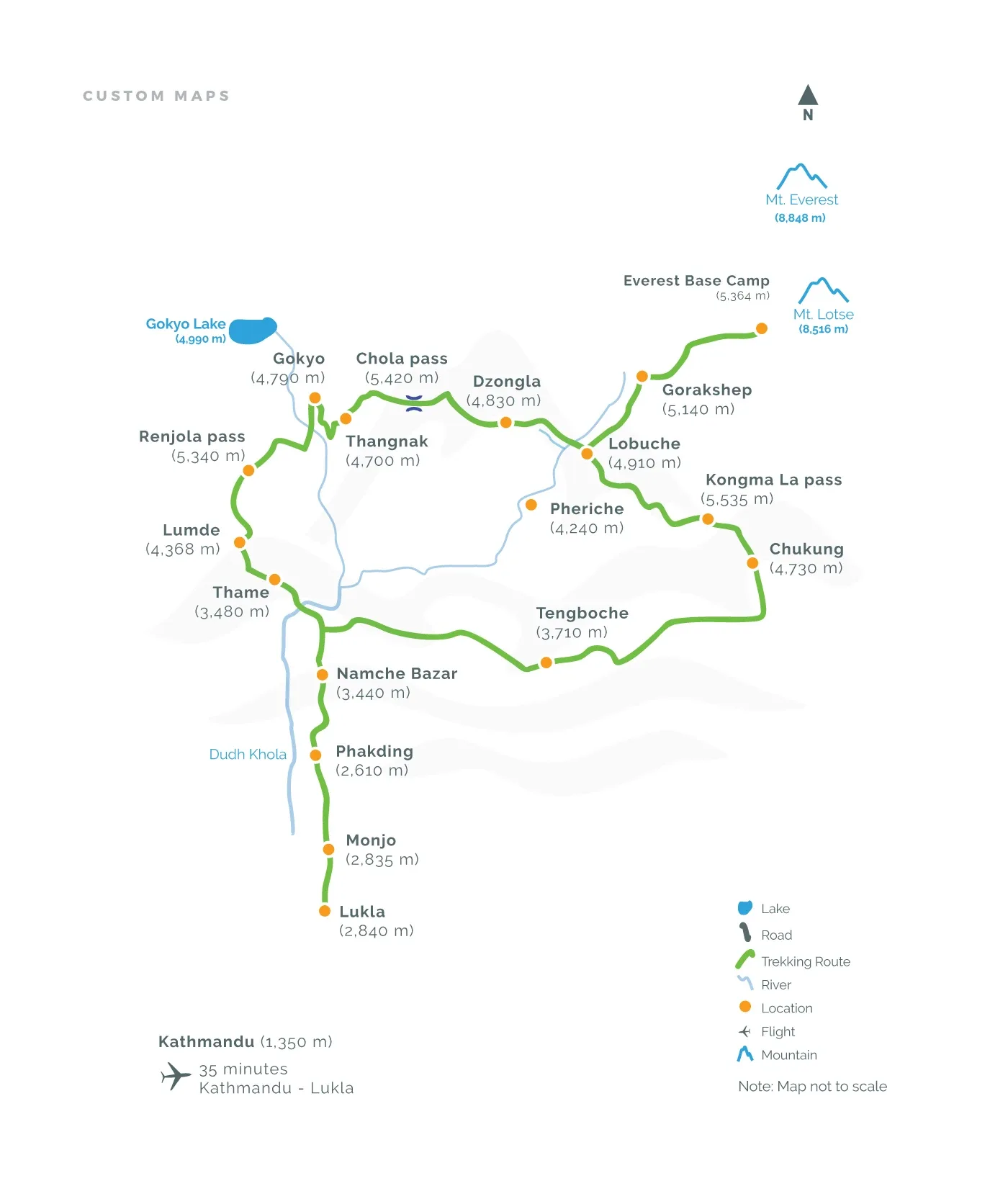 The Everest region route map from Lukla to Everest Base Camp, Gokyo and the three passes, with heights at each stop
