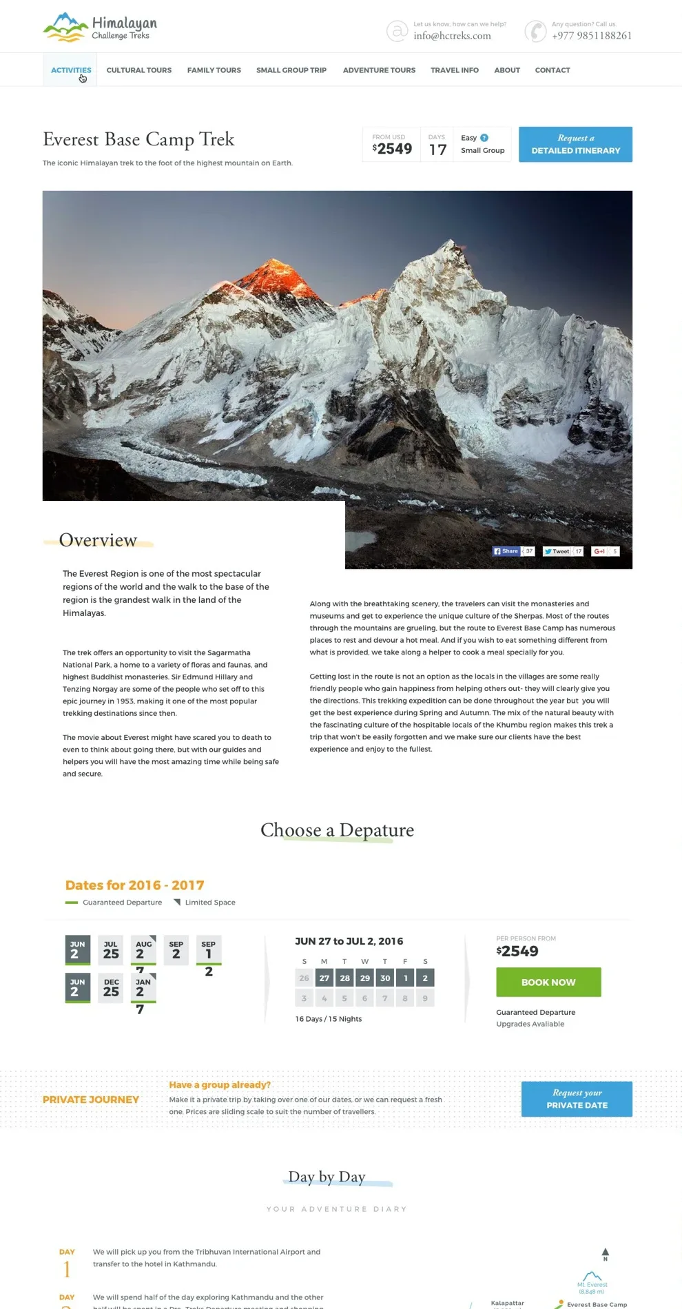 The Everest Base Camp Trek page: price from 2,549 US dollars, 17 days, a departure table and the day-by-day itinerary