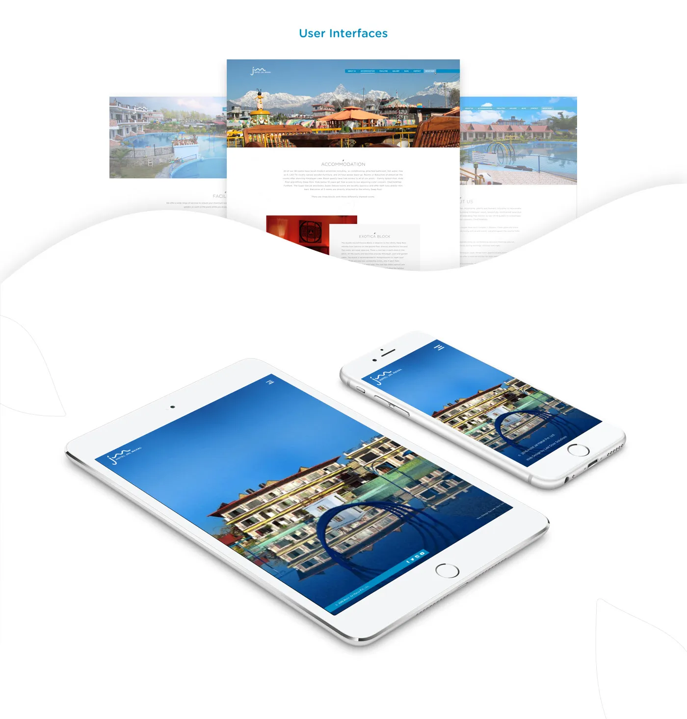 The finished pages for accommodation and the resort, and the home page on a tablet and a phone
