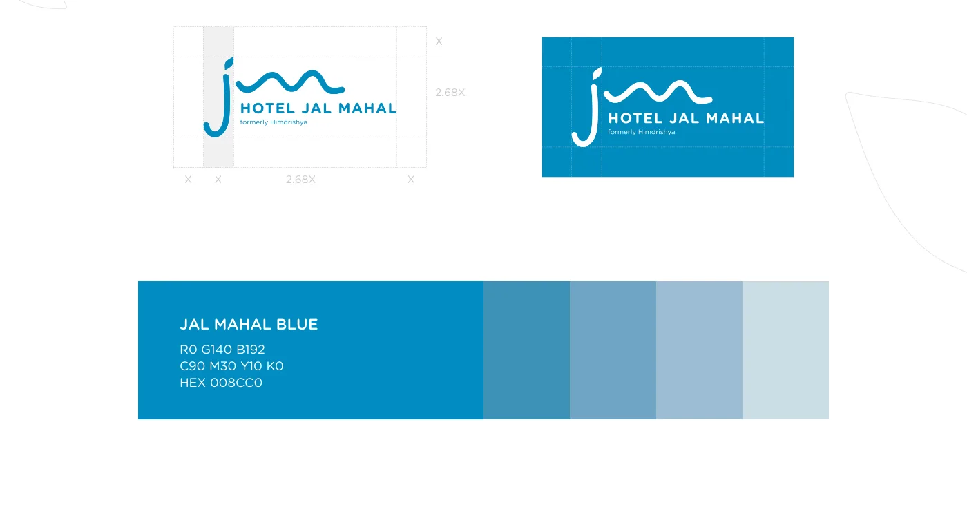 The Hotel Jal Mahal logo, a flowing j and m above the name, with Jal Mahal Blue and its tints