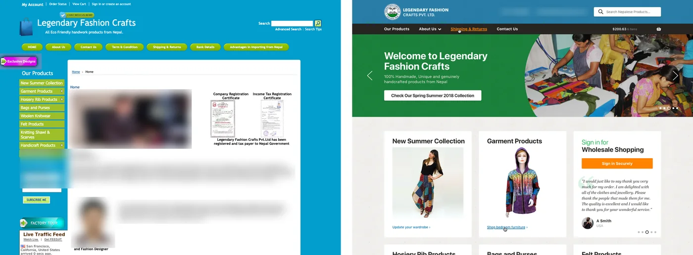 Before and after: the old site, bright blue with green buttons and a long side menu, beside our 2018 design, with the ranges as cards and a sign-in for wholesale buyers