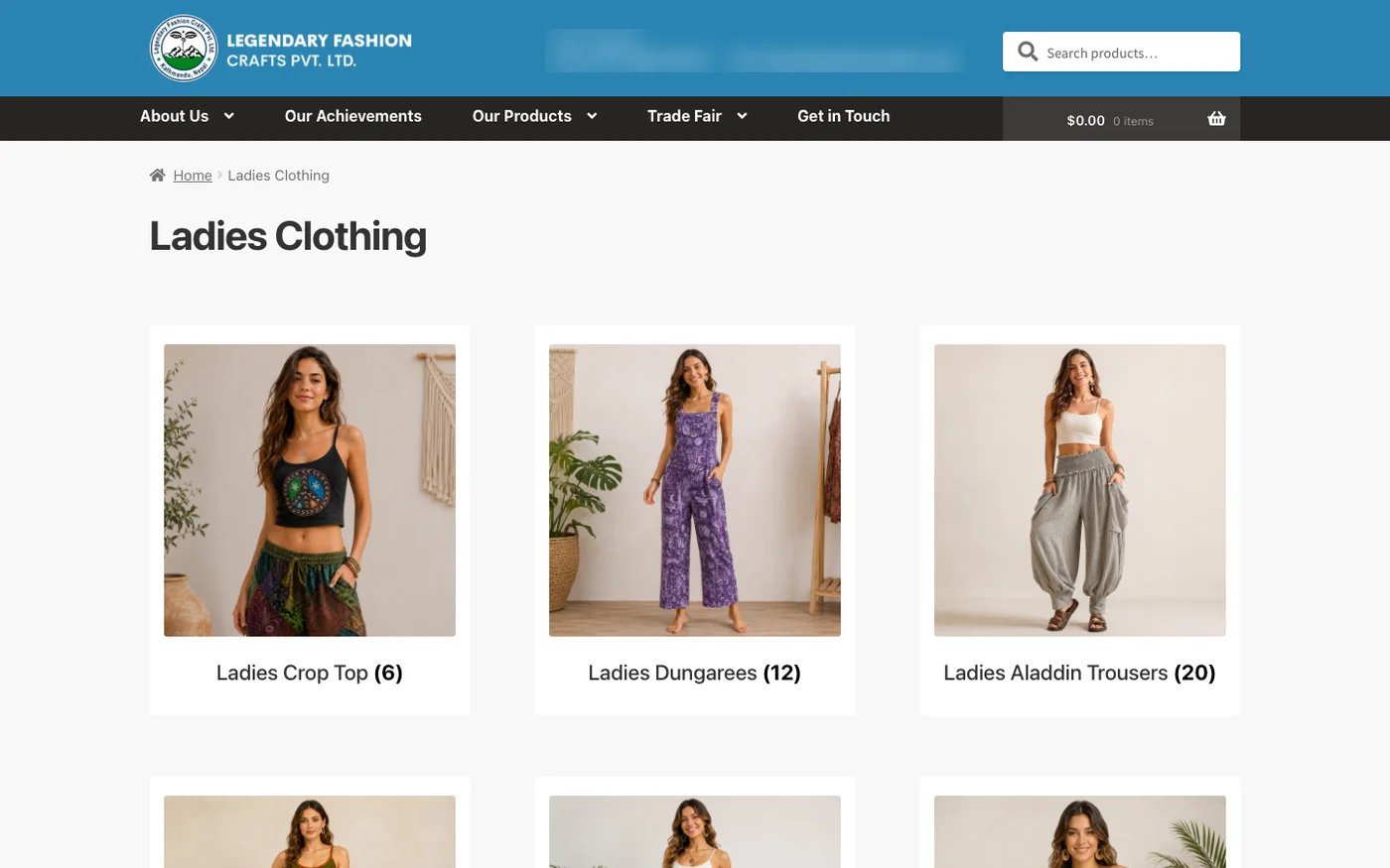 The ladies' clothing page, with groups such as crop tops, dungarees and Aladdin trousers, each with its count