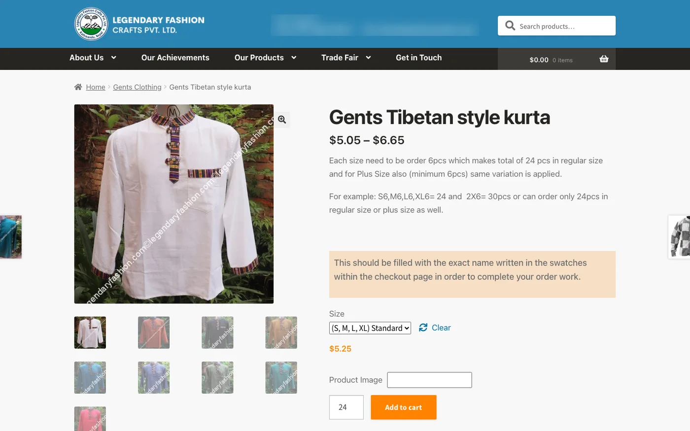 A product page for a men's kurta: the price range, the rule of six pieces per size and twenty-four in all, a note on choosing the fabric, the size choice and a quantity of 24