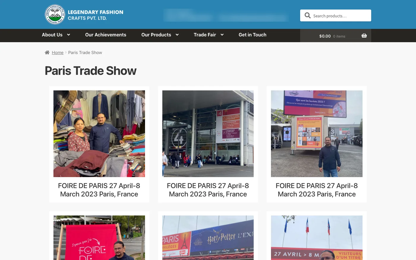 The Paris trade show page: photographs of the stand and the fair, captioned with the dates