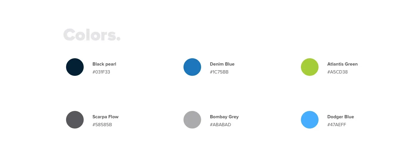 The six brand colours, from Black Pearl and Denim Blue to Atlantis Green, with their codes