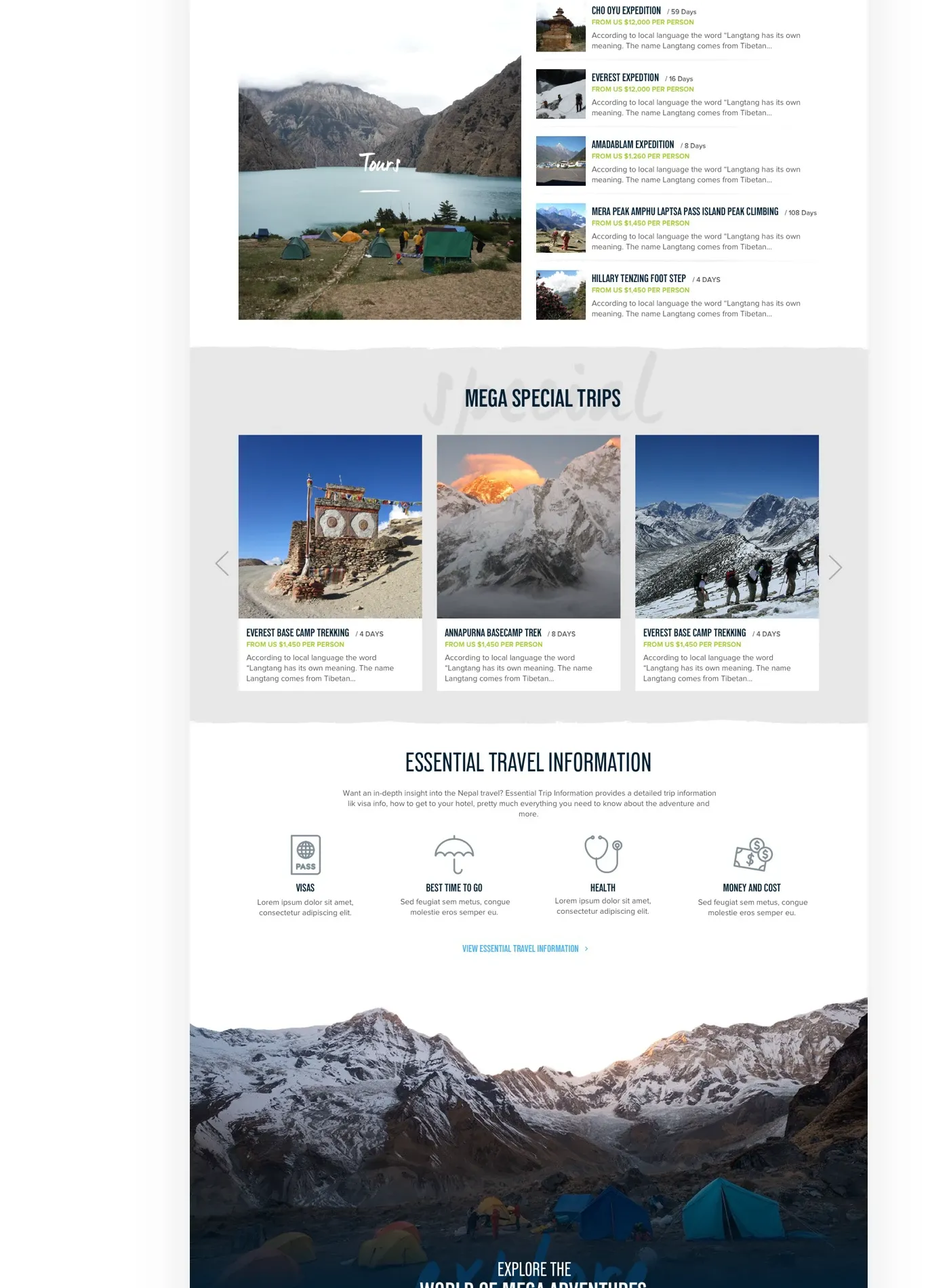 Further down the home page: tours, Mega special trips, essential travel information and the world of Mega Adventures