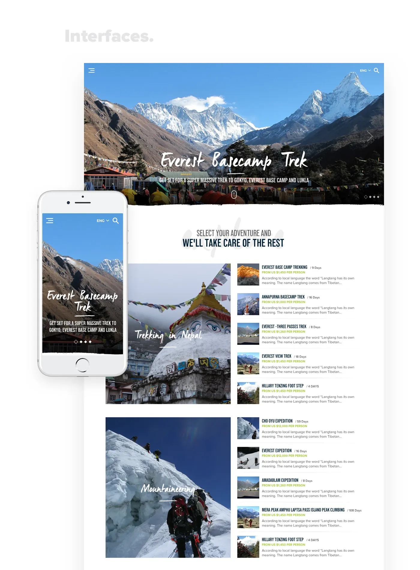 The home page on a desktop and a phone, opening on the Everest Base Camp trek, with trekking and mountaineering trips listed below