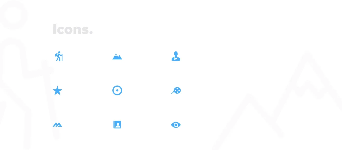 The trip icons in blue: a trekker, mountains, a guide, a star and others