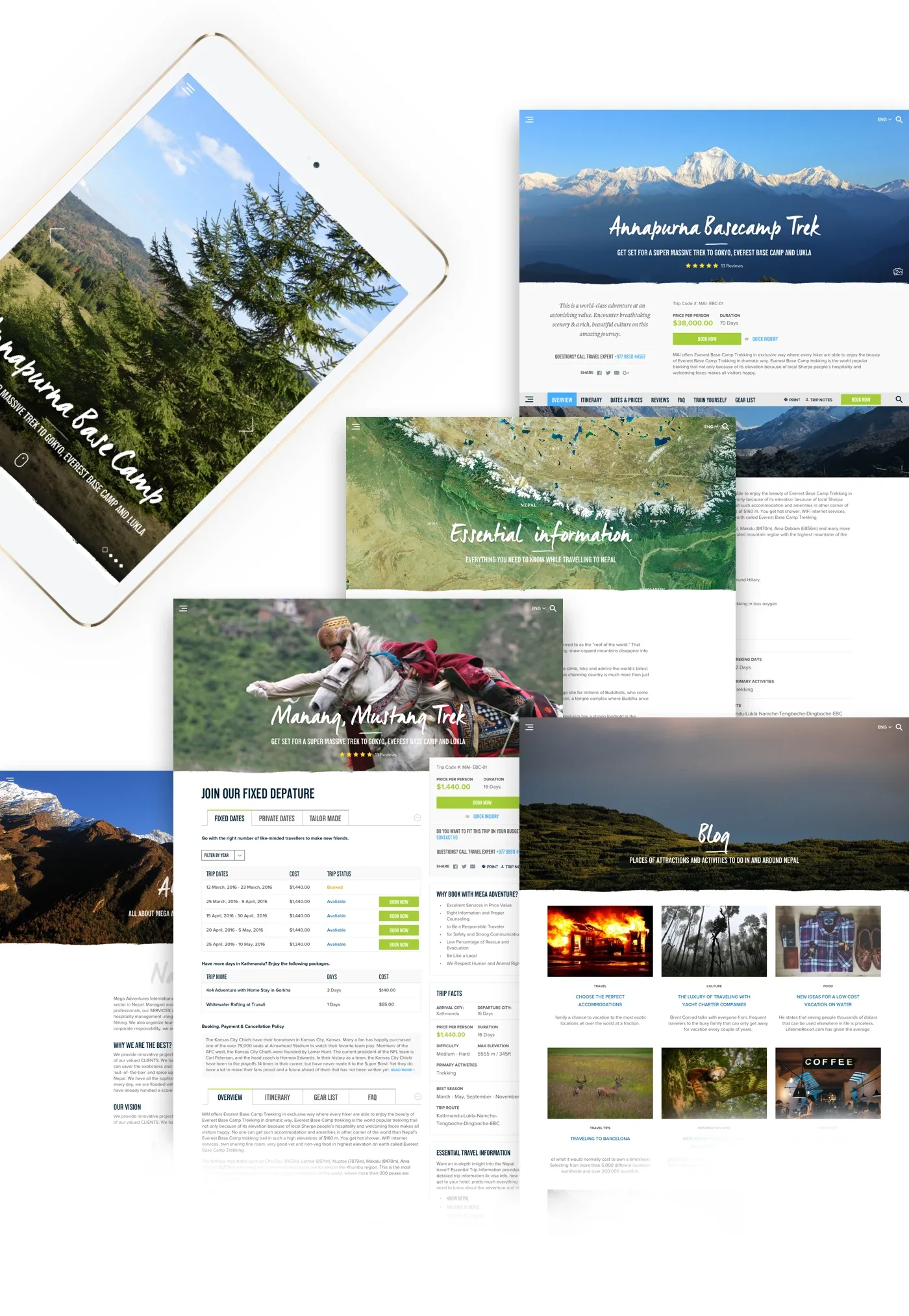 Trip pages for Annapurna Base Camp and the Manang and Mustang trek, a fixed-departure table, an information page and the blog, on a tablet and in browser windows