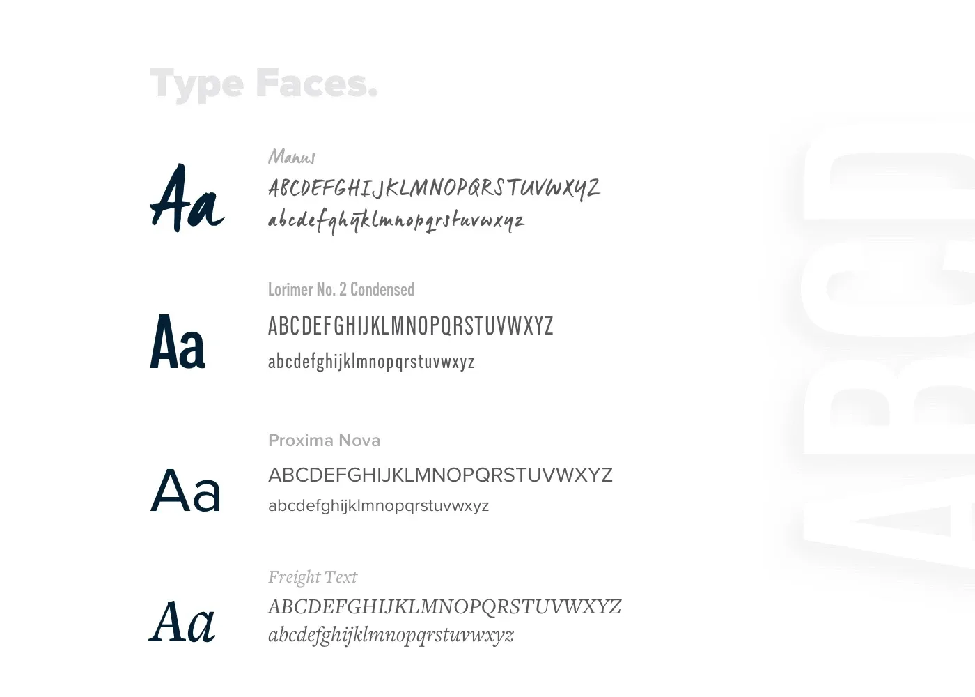 The four typefaces: Manus, Lorimer No. 2 Condensed, Proxima Nova and Freight Text