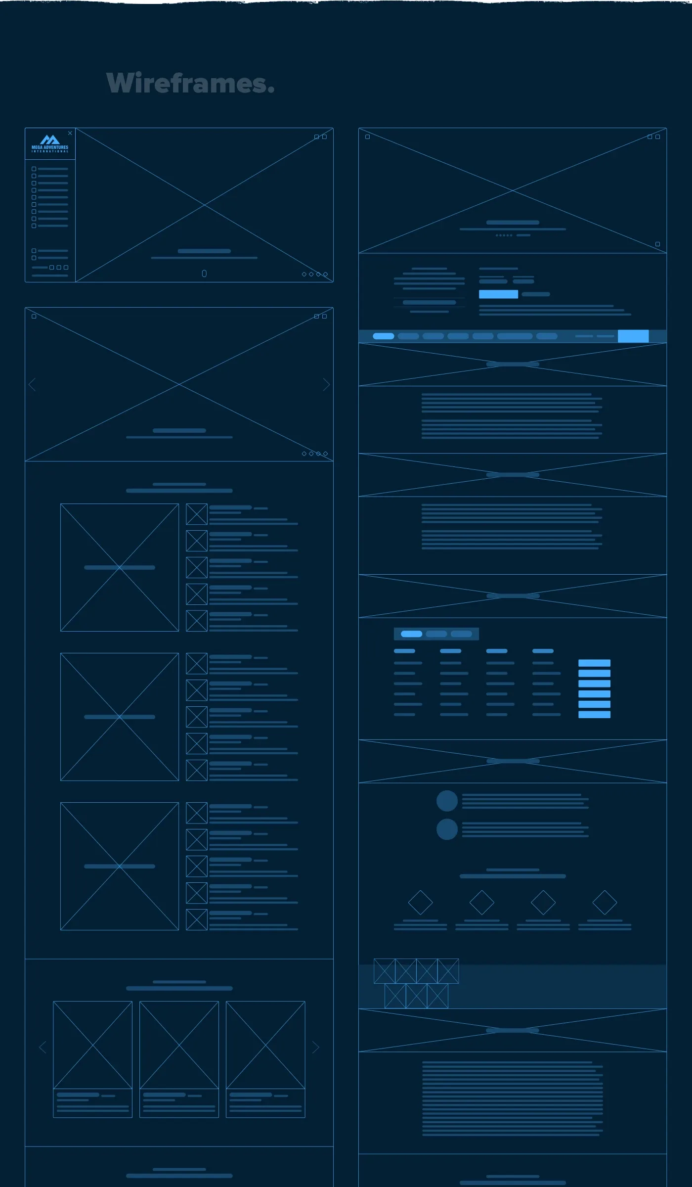 Wireframes for the home page, a trip page with its departure table, and the listing pages