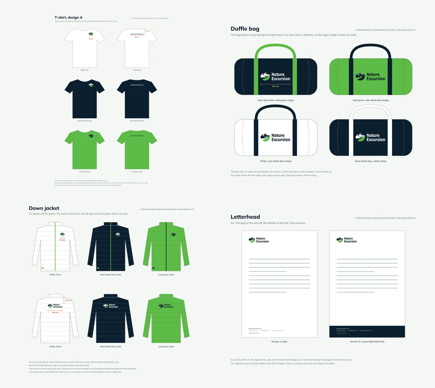 Four drawings: T-shirts in white, near-black blue and green; duffle bags in four colour sets; down jackets front and back; and two letterhead versions