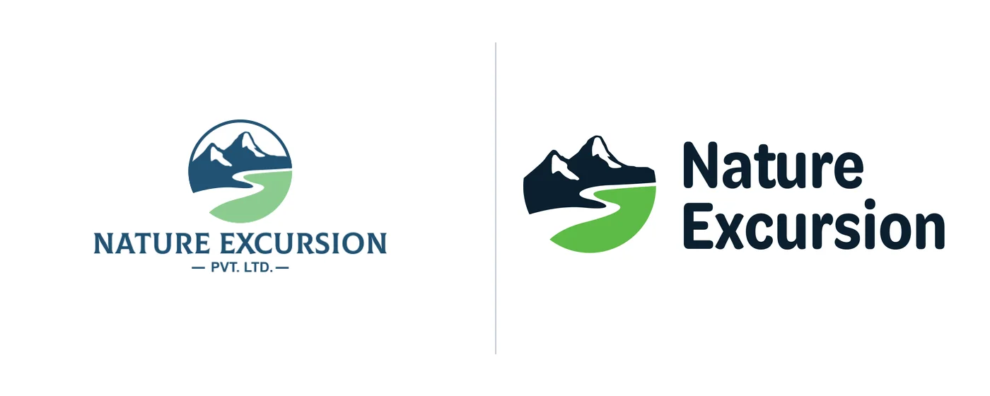 Before and after: the old logo, a mountain in a circle above the name and PVT. LTD., beside the new one, the mountain and a green river land with the name on two lines to its right