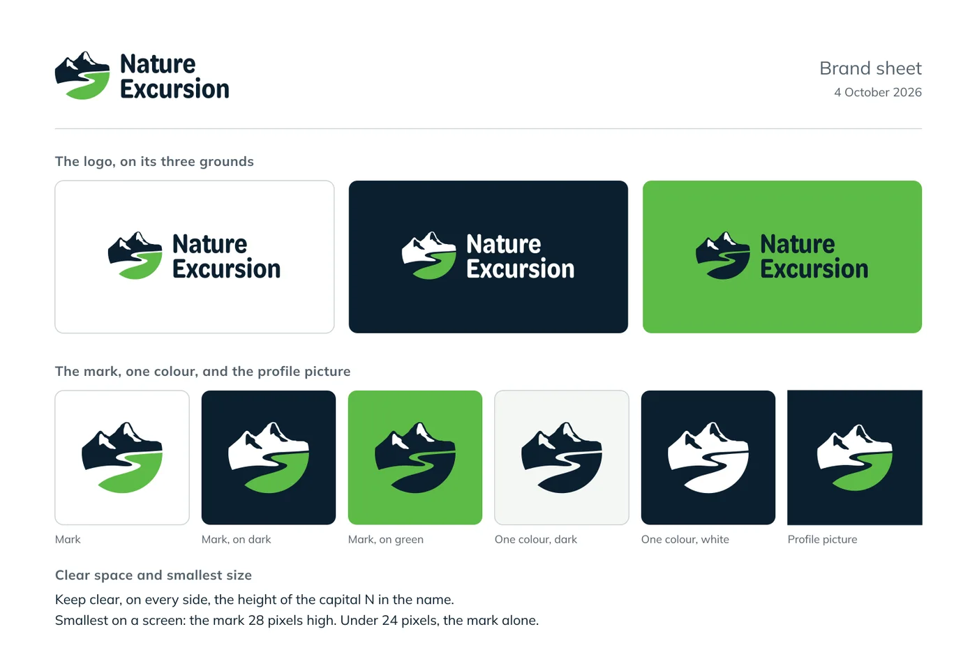 The top of the brand sheet: the logo on white, near-black blue and leaf green, then the mark, one-colour versions and the profile picture, then the colours with their codes