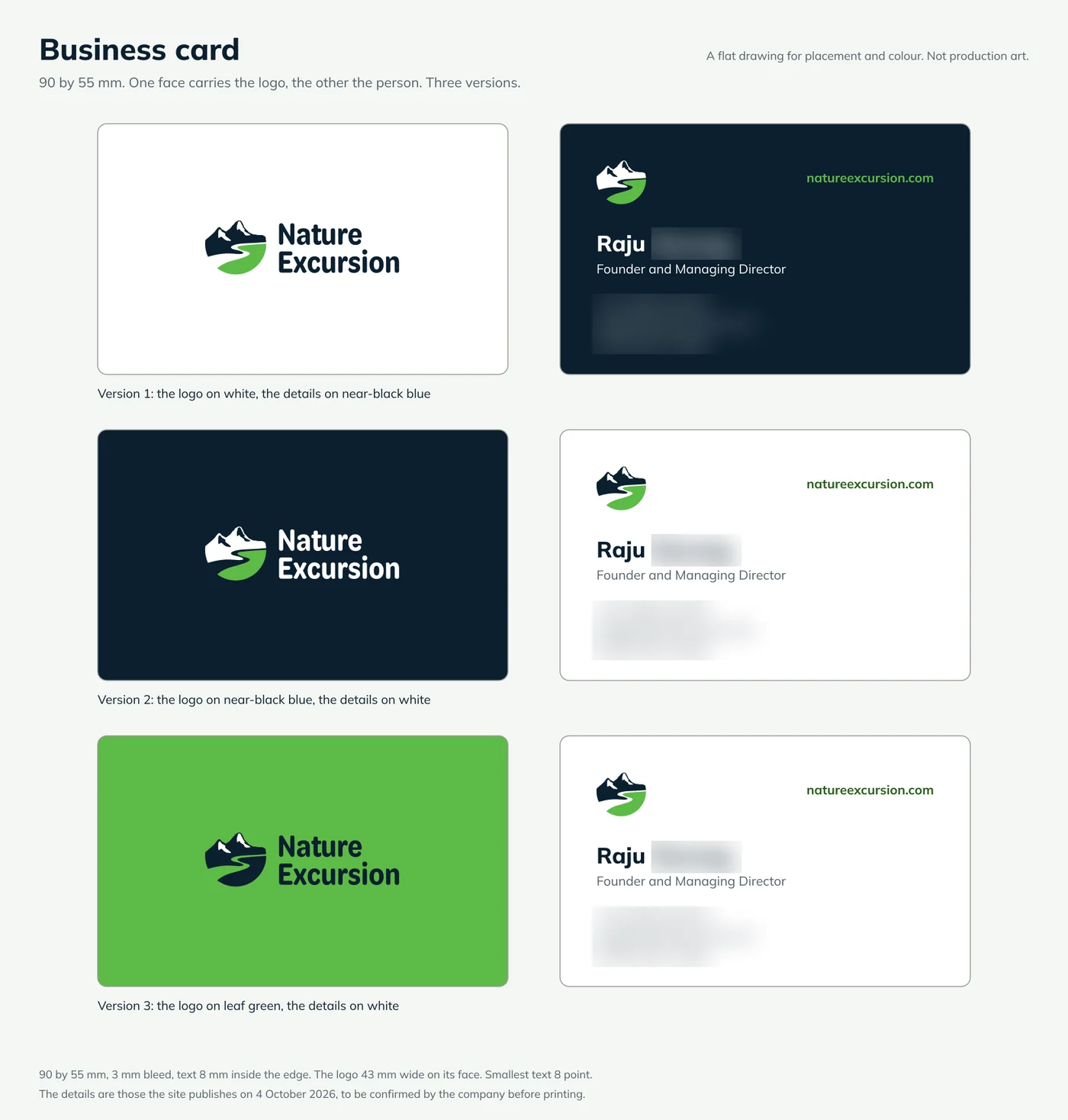 Business cards in three versions: the logo on white, near-black blue or leaf green, with the founder's first name and role on the back; his surname and contact details are blurred here
