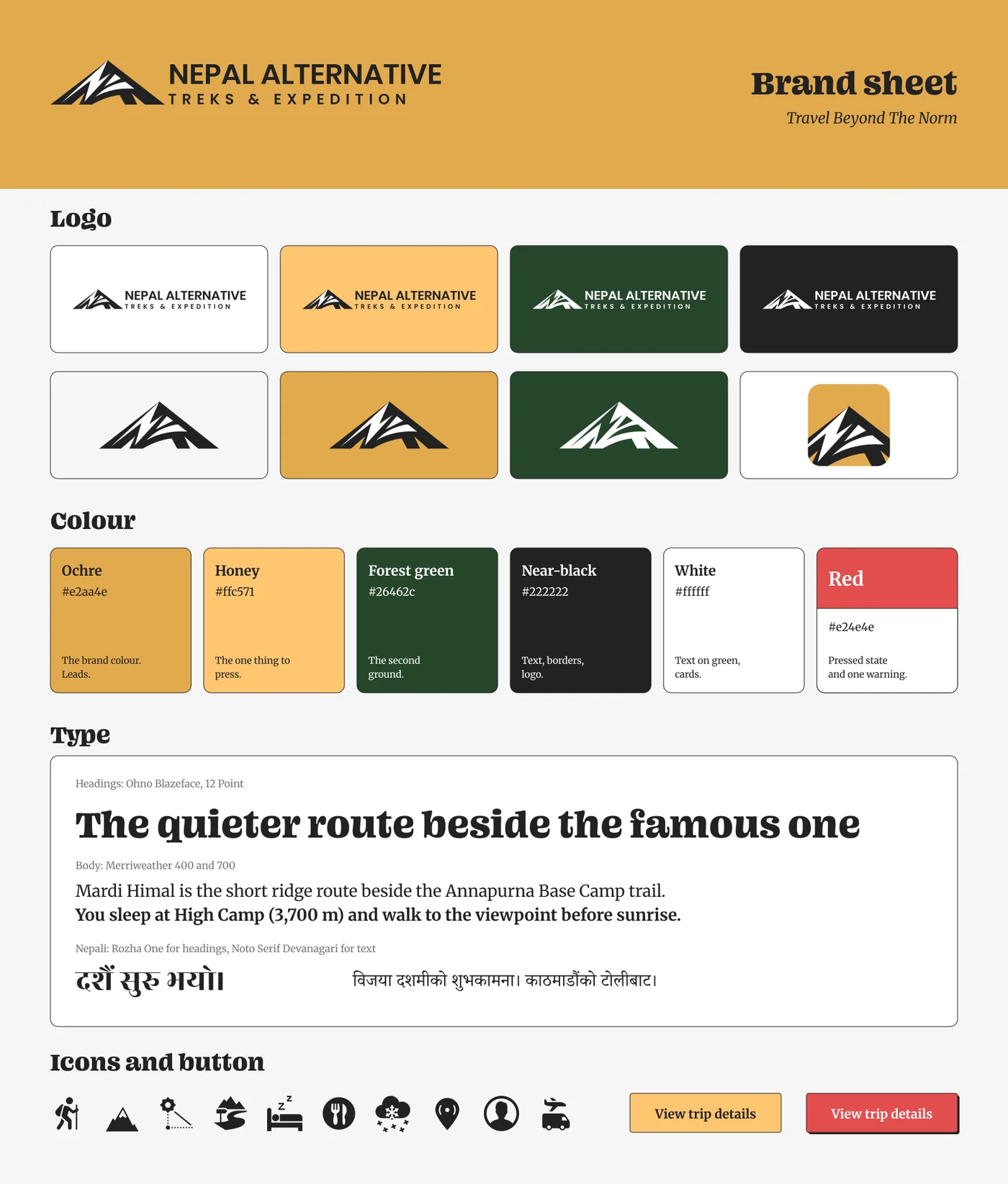 The brand sheet: the logo on five grounds, six colours with their codes and uses, the heading and text typefaces in English and Nepali, ten icons and the button in two states