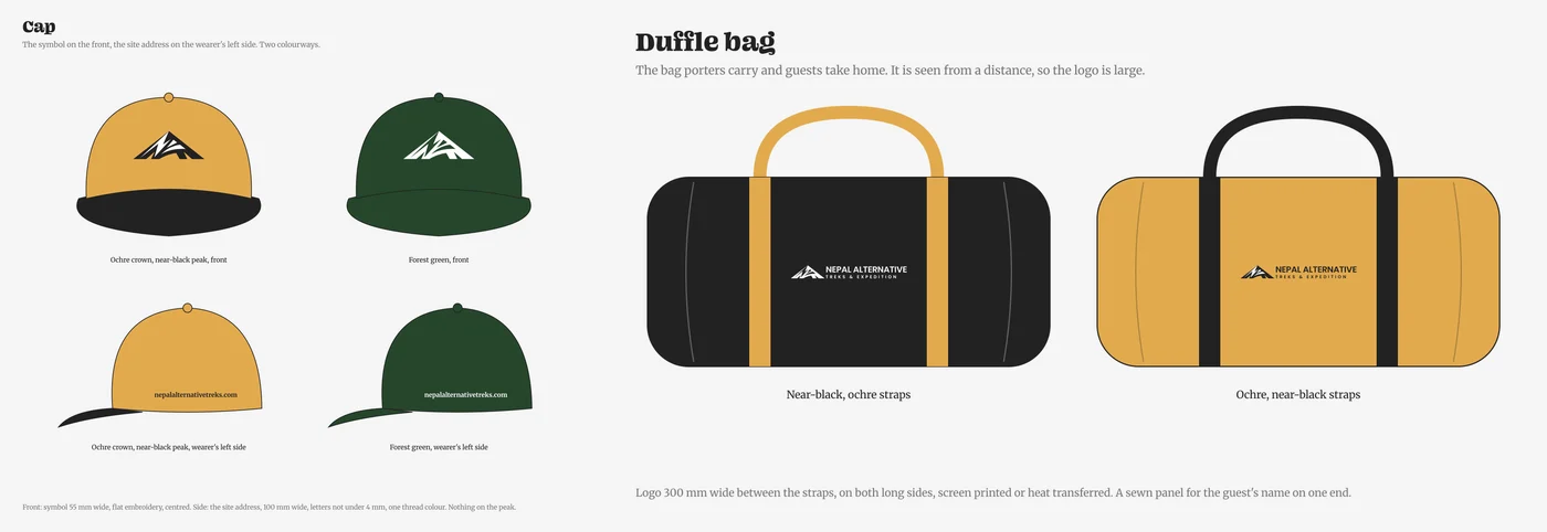 Caps in ochre and forest green with the symbol on the front, and duffle bags in near-black and ochre with the full logo on the side