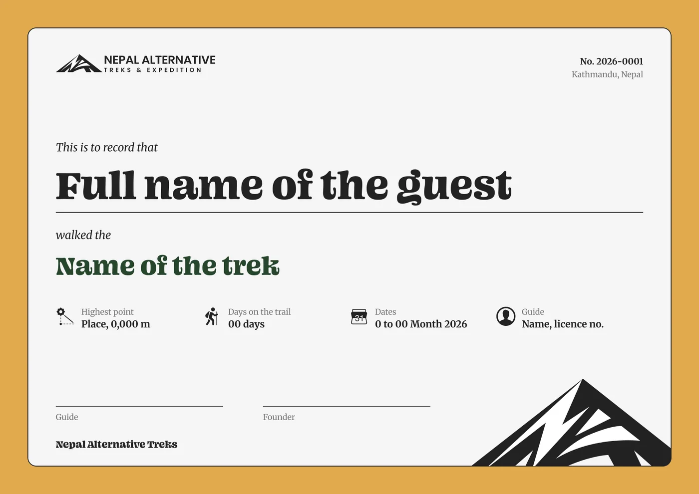 The trek certificate on an ochre border: the logo, a number, the guest's name, the trek, four facts with icons for highest point, days, dates and guide, lines for the guide and founder to sign, and the large symbol rising from the corner
