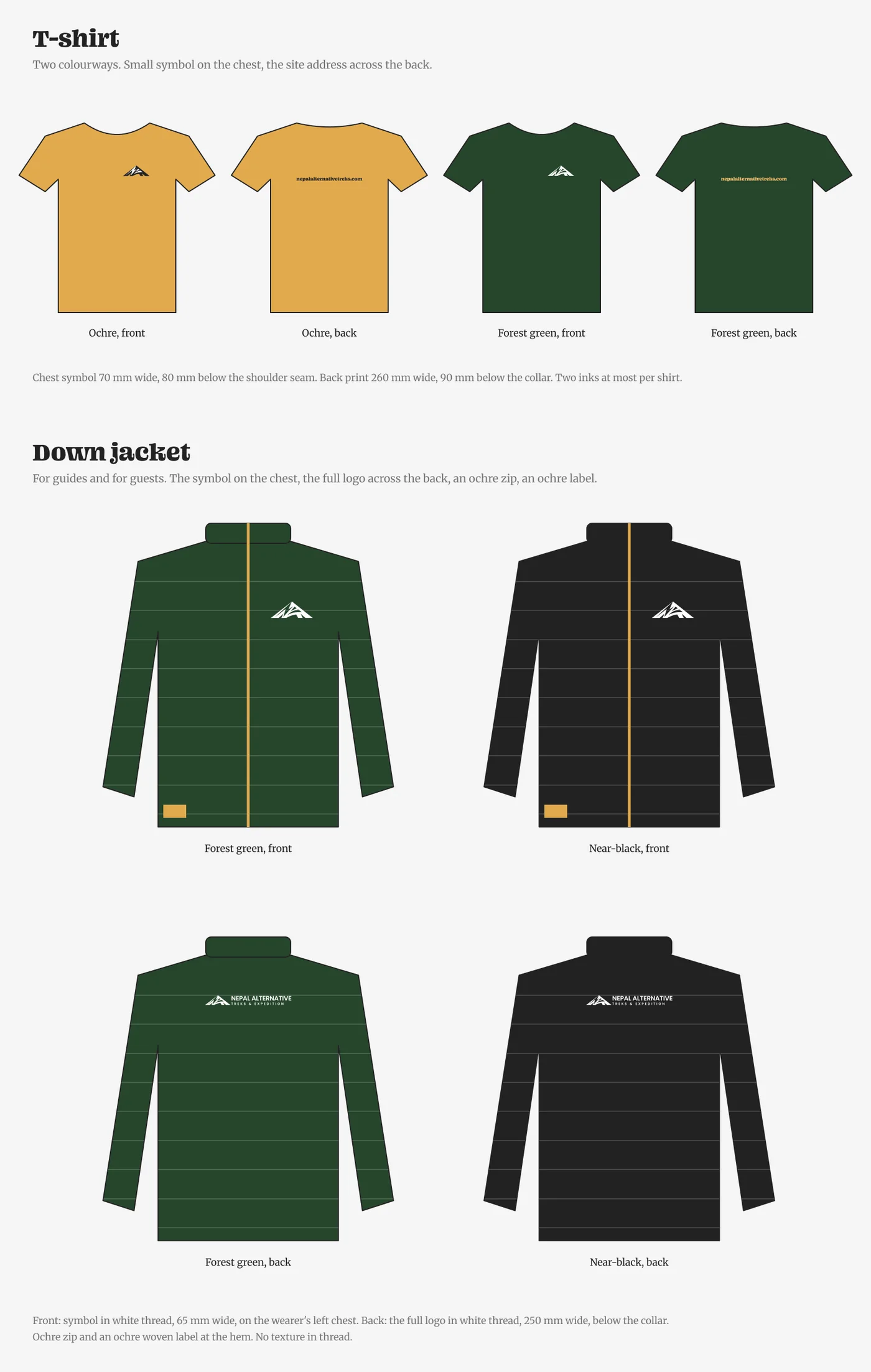 T-shirts in ochre and forest green, front and back, with the symbol on the chest and the site address across the back; below, down jackets in forest green and near-black with the symbol on the chest, the full logo on the back and an ochre zip