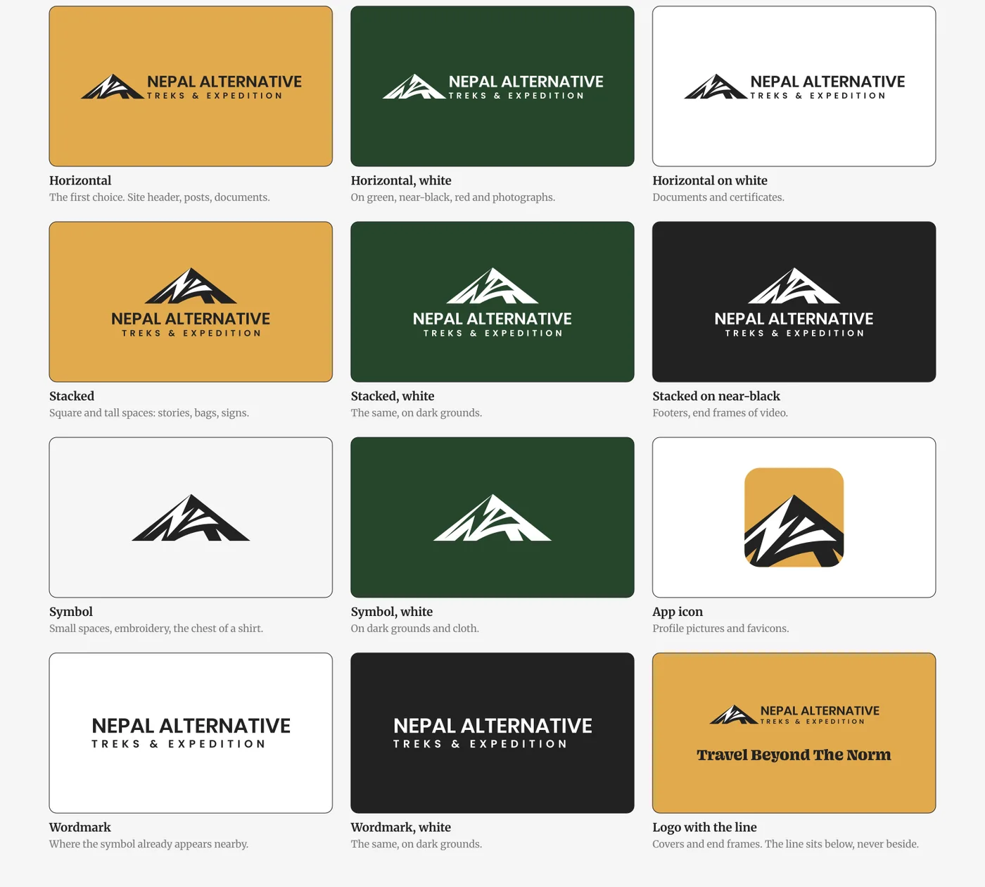 Twelve logo compositions on ochre, forest green, white and near-black: horizontal, stacked, the symbol alone, the wordmark alone, the app icon and the logo above Travel Beyond The Norm, each with a line on where it is used