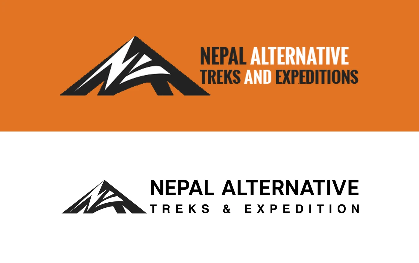 Before and after: above, the old logo on orange, the mountain beside Nepal Alternative Treks and Expeditions in a narrow face with some words in white, below, the revamped logo on white, the same mountain beside the name in a wide face with Treks & Expedition spaced below