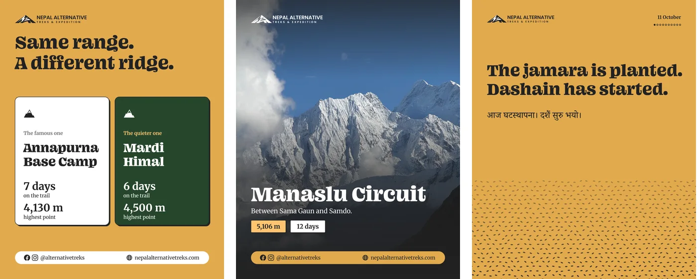 Three posts: Same range, a different ridge, setting Annapurna Base Camp beside Mardi Himal; a Manaslu Circuit photograph with 5,106 m and 12 days; and a Dashain card in English and Nepali on ochre
