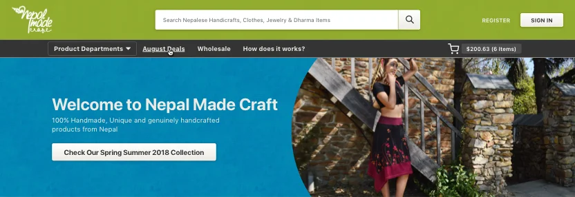The 2018 home page design: the logo on a green bar with search and sign-in, the departments, deals and wholesale links, and a welcome for the spring and summer collection