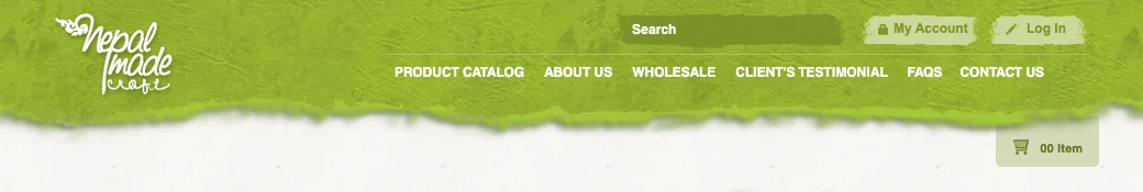 The top of the shop in 2016: the logo on a torn strip of green paper, with the catalogue, about, wholesale, testimonials, questions and contact pages