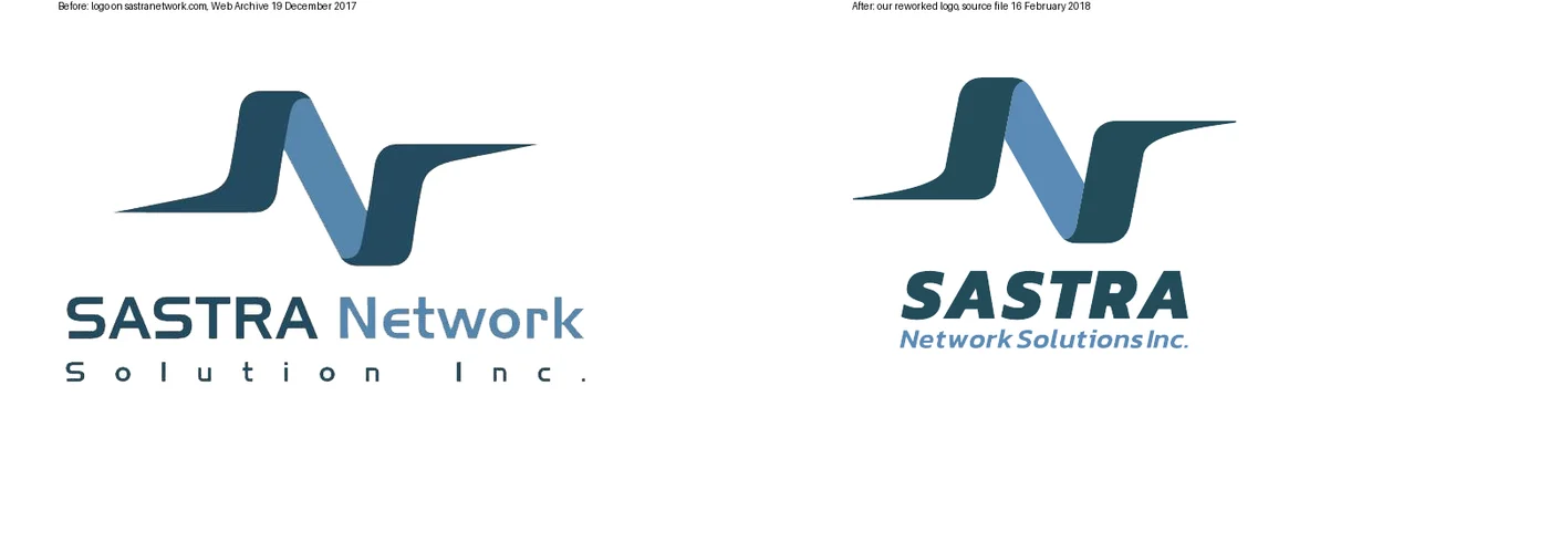 Before and after: the old logo with a wide, spaced wordmark, and the reworked logo with the ribbon redrawn and SASTRA set in a bold italic above Network Solutions Inc.