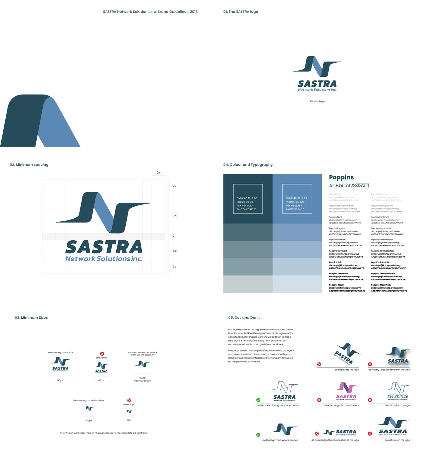 Six pages of the logo guide: the cover, the primary logo, minimum spacing, colour and typography, minimum sizes, and the dos and don'ts