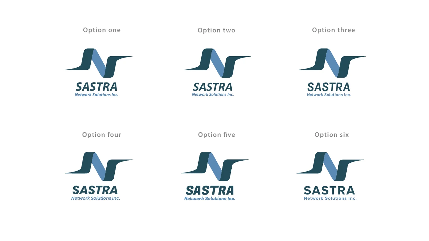 Six versions of the reworked logo in a grid, numbered one to six, each with slightly different lettering