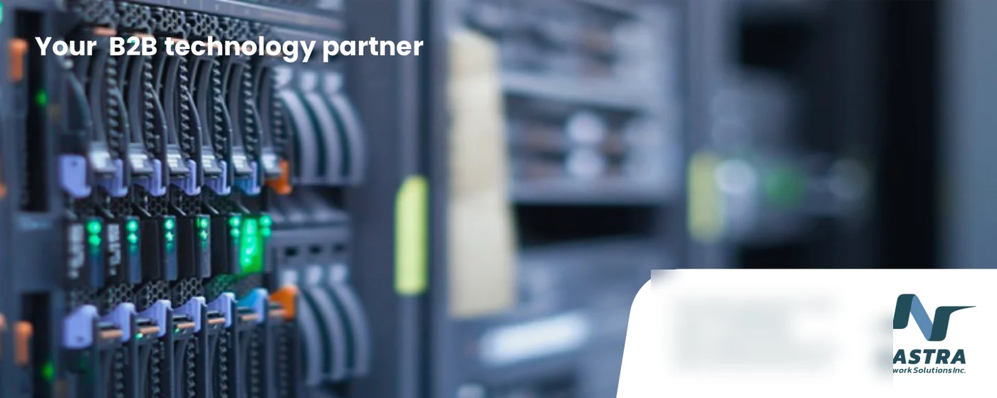 The exhibition stall backdrop: Your B2B technology partner over a photograph of network equipment, with the logo; the contact details blurred