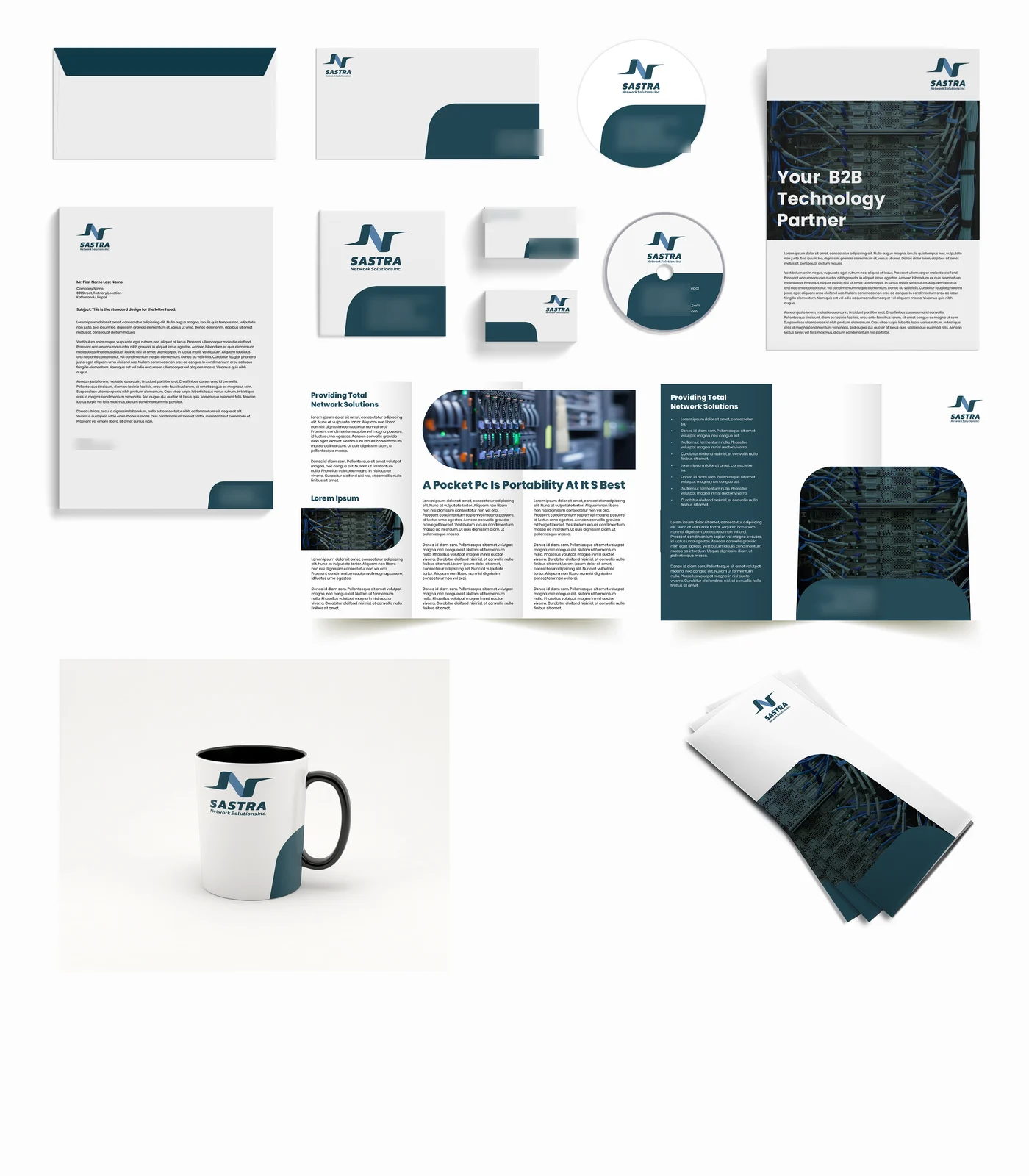 The full stationery set: envelopes, a CD, a letterhead, cards, a leaflet, a brochure and a mug, all in teal and blue with the new logo; names and numbers blurred