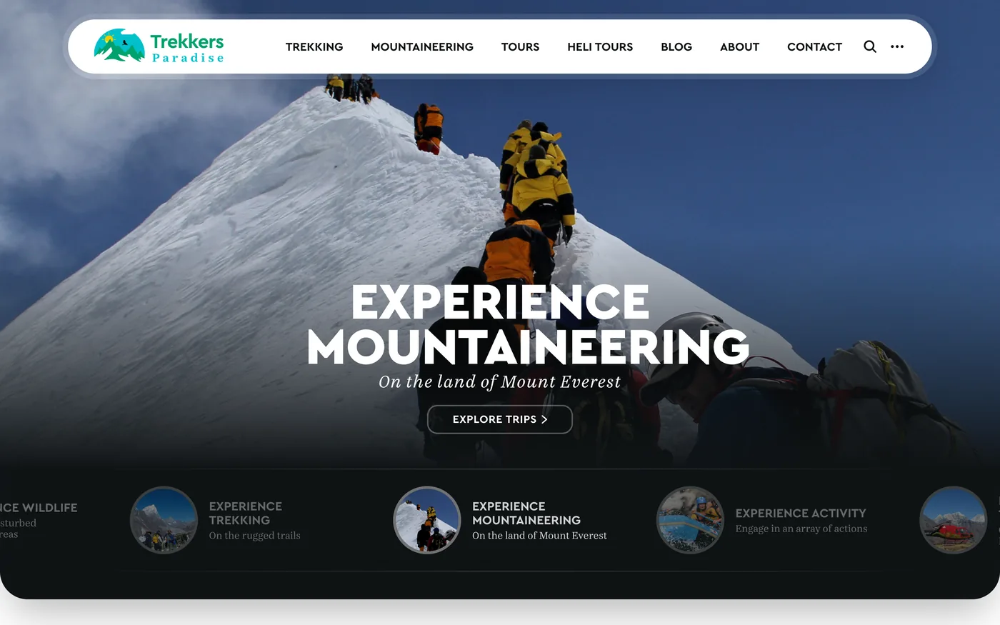 The Trekkers Paradise home page: the logo and menu for trekking, mountaineering, tours and heli tours, climbers on a snow ridge, Experience Mountaineering on the land of Mount Everest, and a row of experiences below