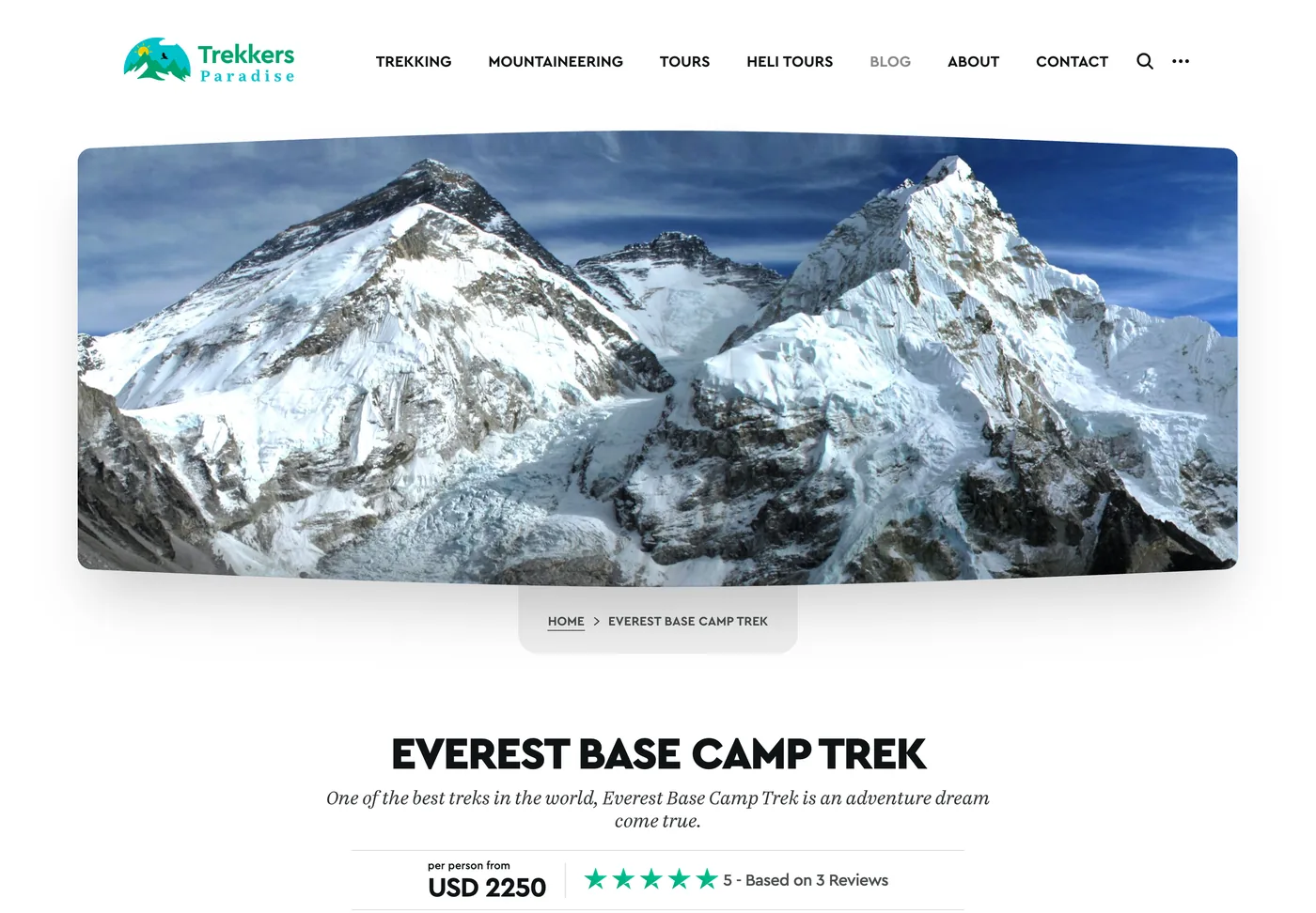 The Everest Base Camp Trek page: a wide photograph of the Everest range, the trip name, a line on the trek, the price from and the rating